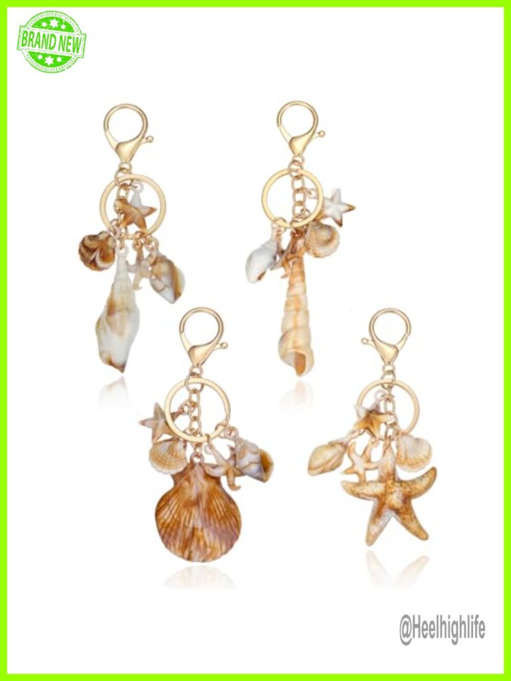 4pcs Ocean Themed Resin Keychains Gold-Plated Seashell Starfish Boho Bag Charms